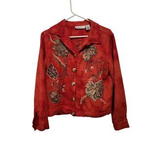 Draper's & Damon's Coral Red Embroidered Floral Button Up Blazer Jacket Medium